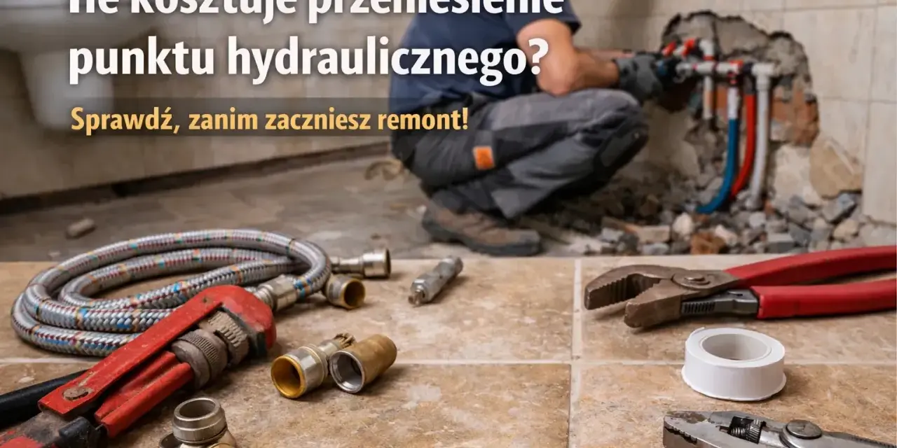Hydraulik pracuje przy instalacji wodnej, obok leżą narzędzia: klucze, taśma i węże.