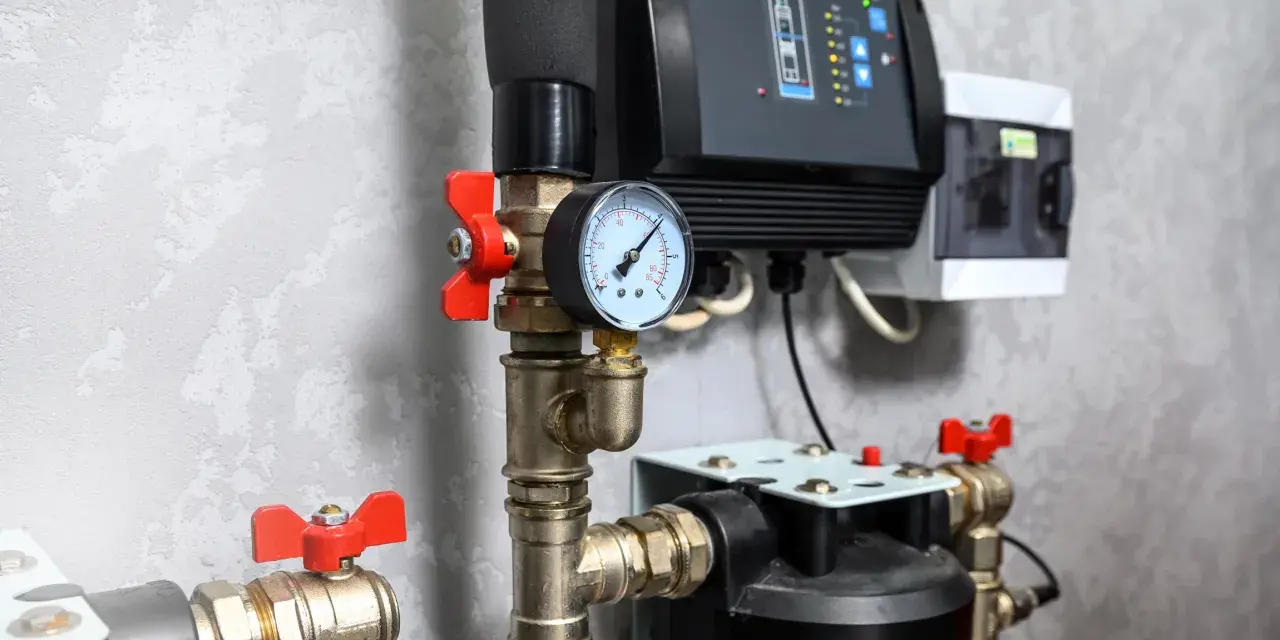 Instalacja hydrauliczna z zaworami, manometrem i sterownikiem.