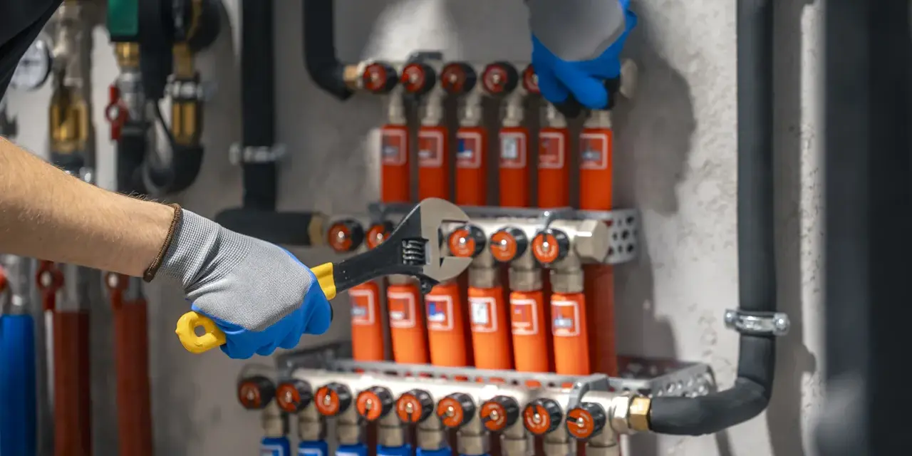 Hydraulik w rękawiczkach dokręca kluczem instalację z rurkami grzewczymi.