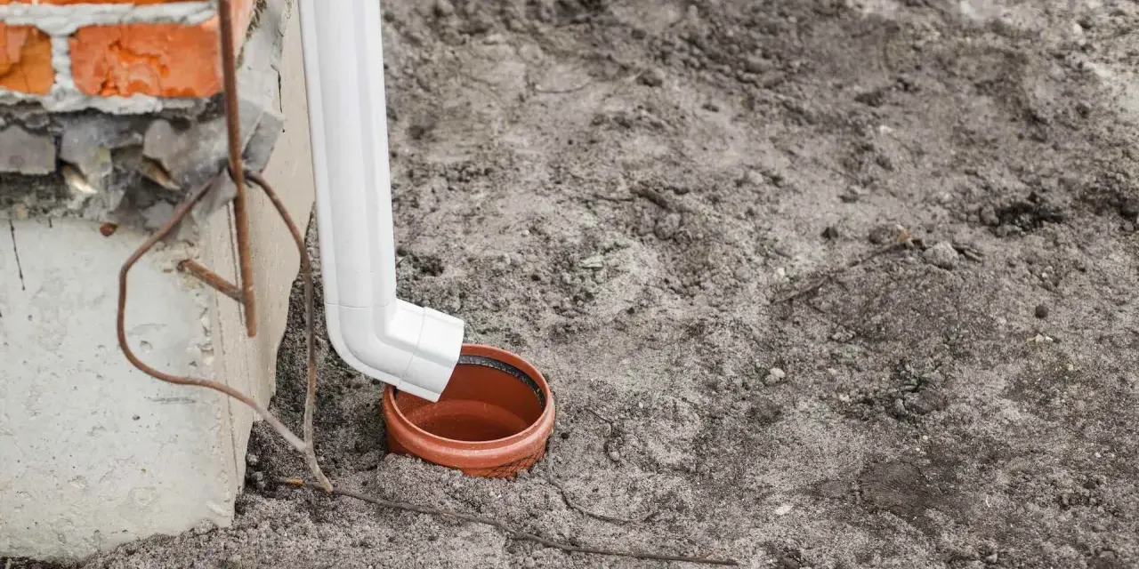 Biała rura spustowa odprowadza wodę do brązowej studzienki na ziemi.