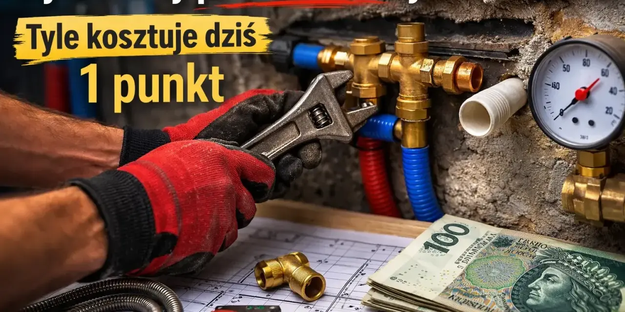 Dłoń w rękawicy naprawia instalację hydrauliczną, obok leżą pieniądze i schemat.