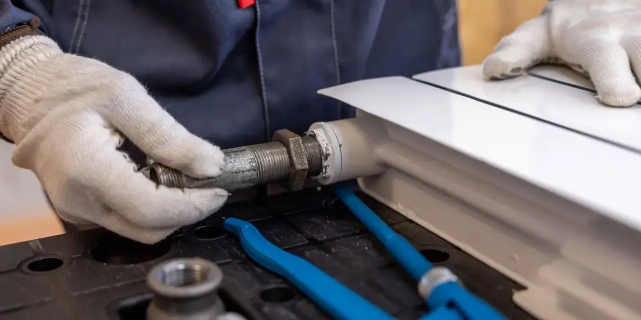 Hydraulik w białych rękawiczkach dokręca metalową rurę do białego grzejnika.