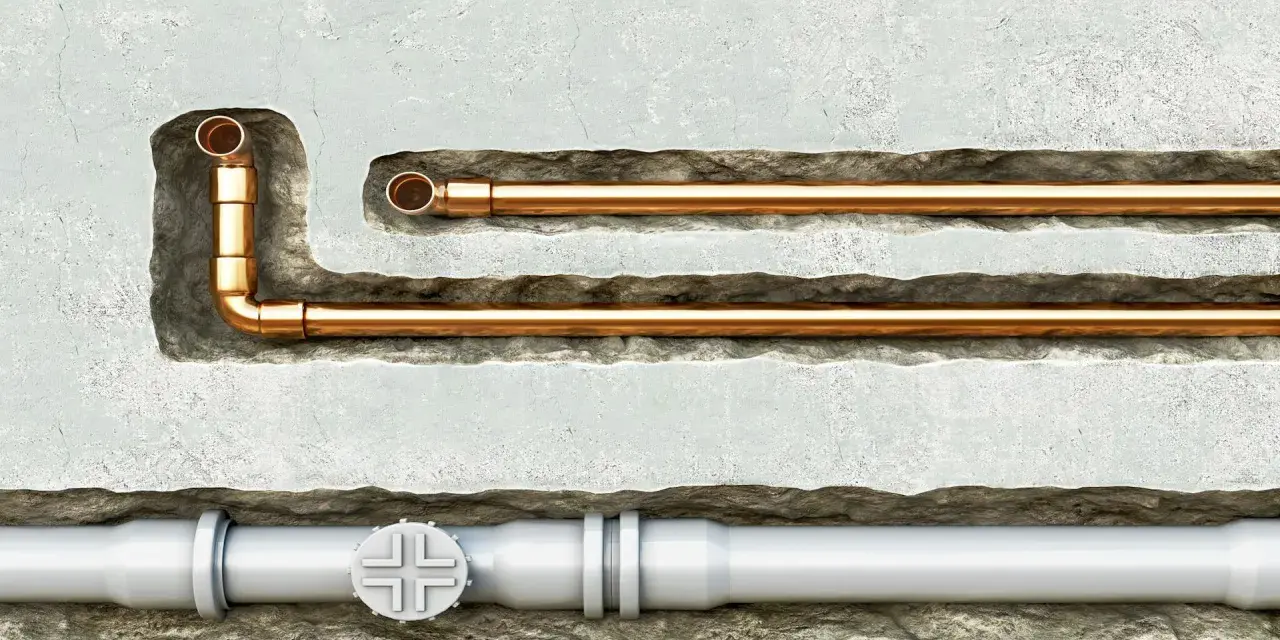 Miedziane i białe rury hydrauliczne w ścianie.