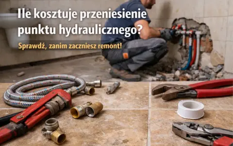 Hydraulik pracuje przy instalacji wodnej, obok leżą narzędzia: klucze, taśma i węże.