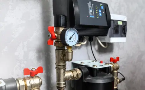 Instalacja hydrauliczna z zaworami, manometrem i sterownikiem.