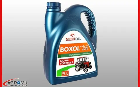 Niebieska bańka oleju hydraulicznego Boxol 26 5L z wizerunkiem ciągnika.