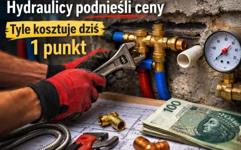 Dłoń w rękawicy naprawia instalację hydrauliczną, obok leżą pieniądze i schemat.