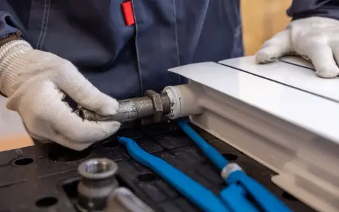 Hydraulik w białych rękawiczkach dokręca metalową rurę do białego grzejnika.