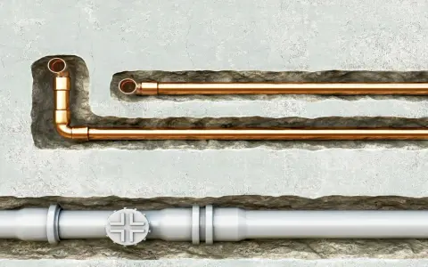 Miedziane i białe rury hydrauliczne w ścianie.