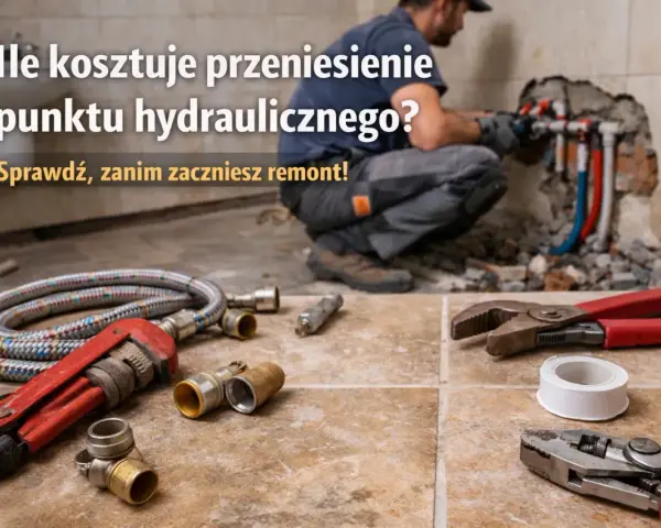 Hydraulik pracuje przy instalacji wodnej, obok leżą narzędzia: klucze, taśma i węże.