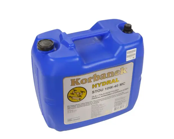 Niebieski kanister z olejem hydraulicznym Korbanek Hydral STOU 10W-40 MC.