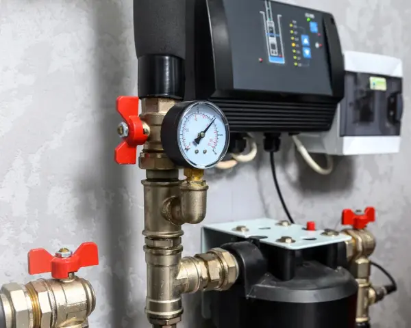 Instalacja hydrauliczna z zaworami, manometrem i sterownikiem.