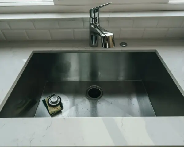 Nowoczesny zlew kuchenny ze stali nierdzewnej z baterią i gąbką.