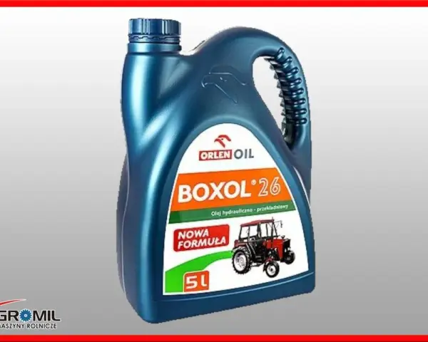 Niebieska bańka oleju hydraulicznego Boxol 26 5L z wizerunkiem ciągnika.