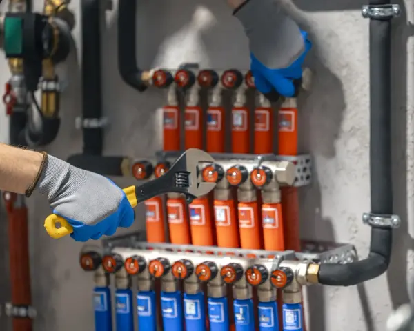 Hydraulik w rękawiczkach dokręca kluczem instalację z rurkami grzewczymi.