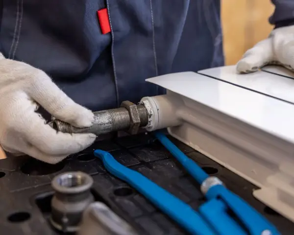 Hydraulik w białych rękawiczkach dokręca metalową rurę do białego grzejnika.