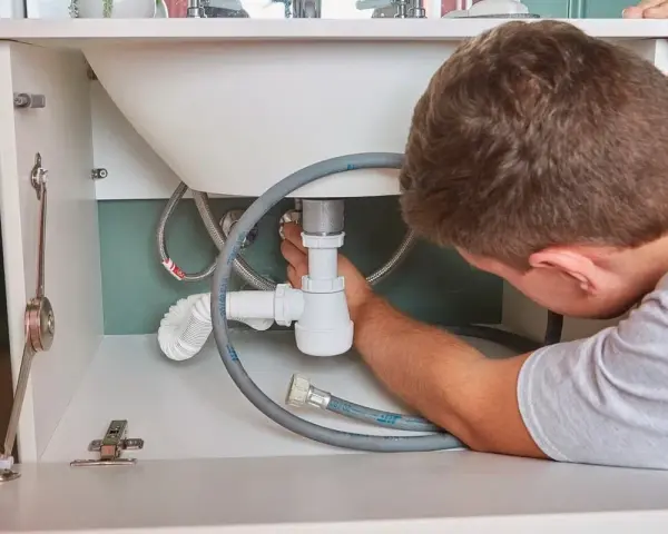 Hydraulik naprawia syfon pod zlewem, widoczne rury i węże.