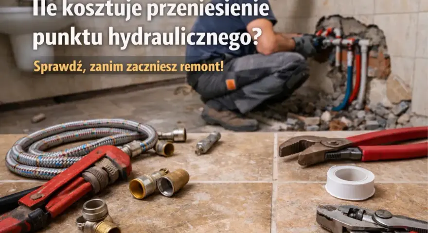 Hydraulik pracuje przy instalacji wodnej, obok leżą narzędzia: klucze, taśma i węże.