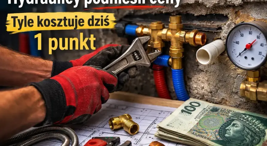 Dłoń w rękawicy naprawia instalację hydrauliczną, obok leżą pieniądze i schemat.